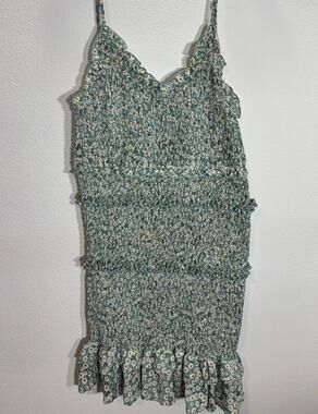 She + Sky Smocked Daisy Mini Dress Green Floral Ruffle Hem Womens L
